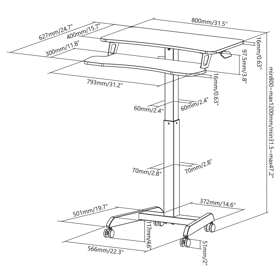 Birou reglabil pe inaltime, Ergo Office ER-444W, 80 x 40 cm, alb, blat dublu