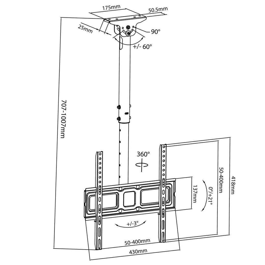 Suport de tavan pentru televizor sau monitor, Maclean ,VESA 400x400, 32-50 inci, distanta de tavan 717-1017mm, max 35kg, MC-943