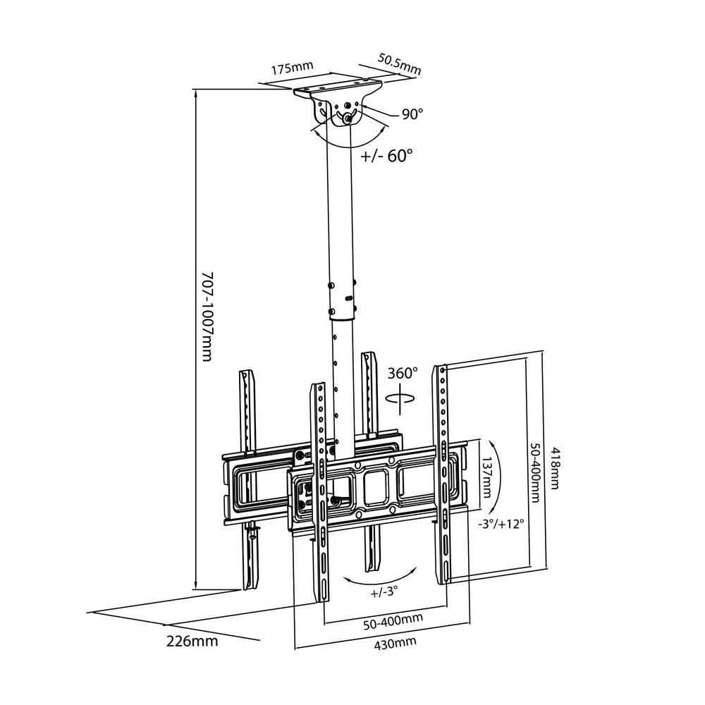 Suport de tavan pentru 2 televizoare, VESA 400x400, 32-50 inci, distanta de la tavan 717-1017mm, max 35kg, MC-944