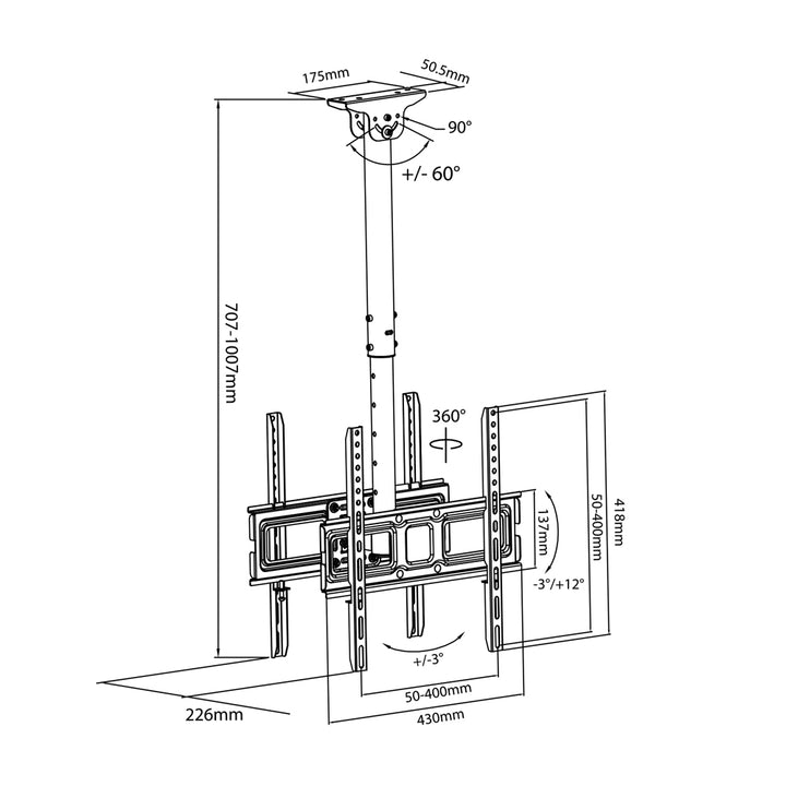 Suport de tavan pentru 2 televizoare, VESA 400x400, 32-50 inci, distanta de la tavan 717-1017mm, max 35kg, MC-944