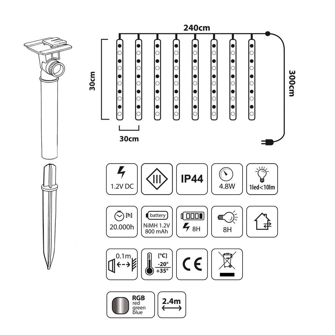 Maclean MCE411 Solar Led Lights 2.4m, 144 de LED-uri, modul LED, baterie Li 800mAh, căderea ghețurilor