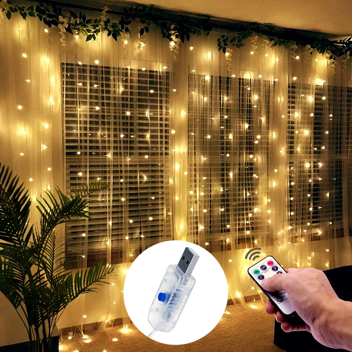 Cortina de lumină USB cu telecomandă 3x3m 300 LED 8 moduri de iluminare cu sârmă cu temporizator Dimmable USB 5V DC 3200K alb cald