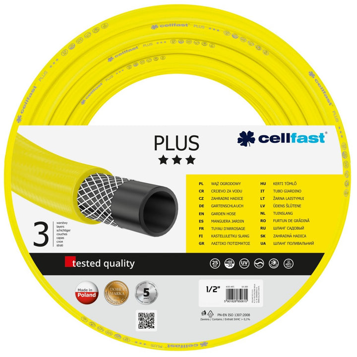 Furtun pentru gradina cu 3 straturi Cellfast Plus, 1/2", armat, 15 m lungime, protectie UV