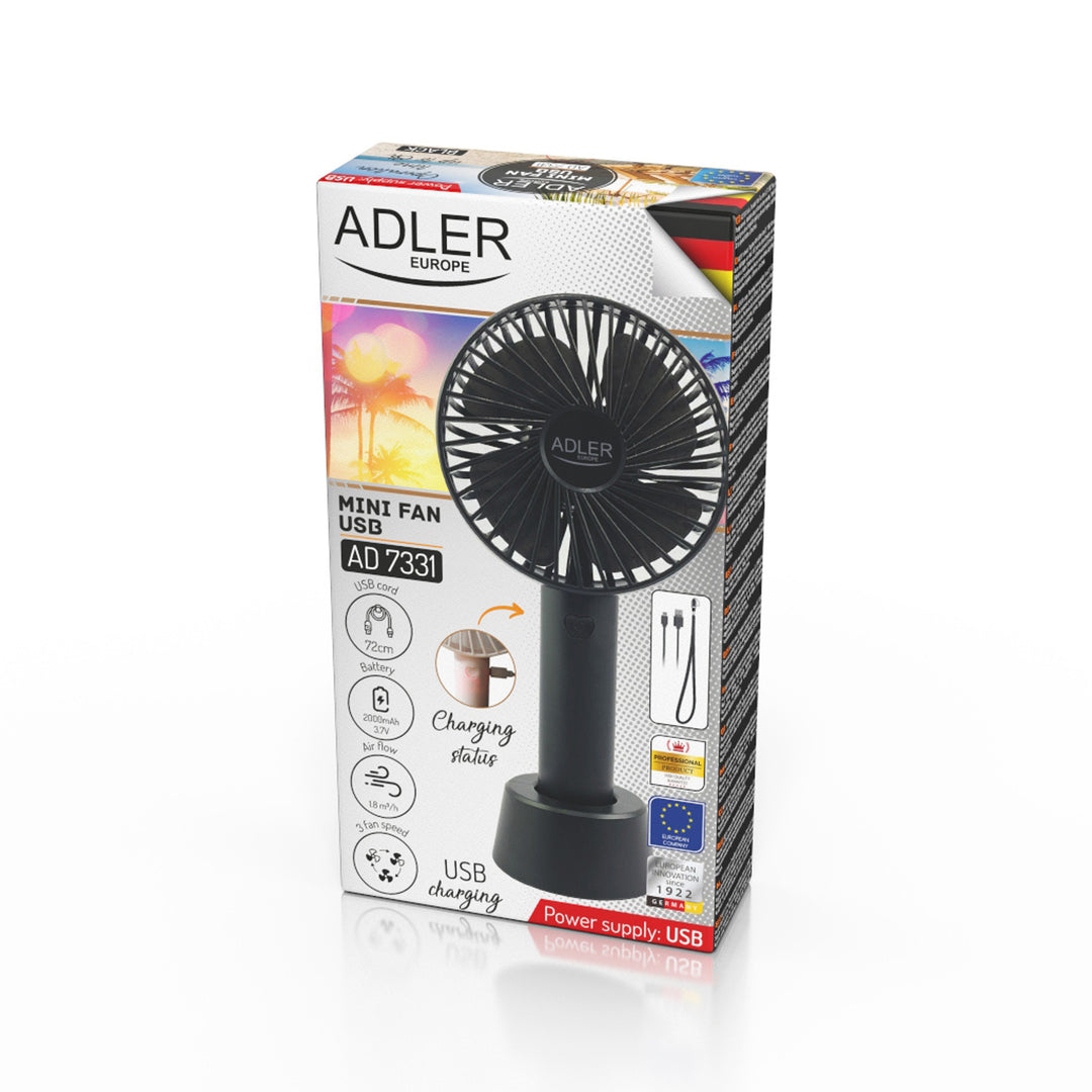 Mini ventilator, Adler, Portabil, 9 cm 3,5” USB, negru