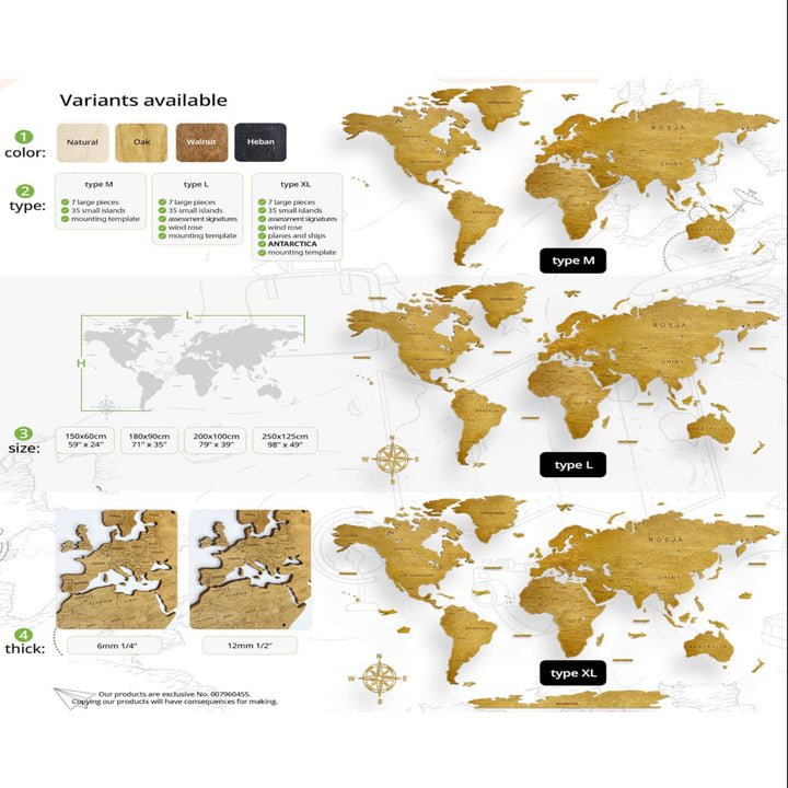 Frumoasă hartă a lumii din lemn natural 150 cm - M