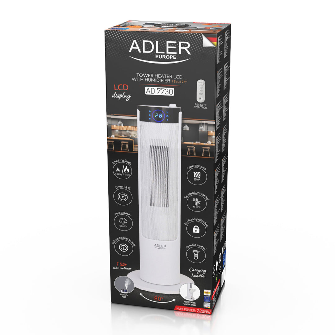 Calorifer cu umidificator Adler AD7730 2200 W, Display, LED, Telecomanda, Timer programabil, Protectie supraincalzire, Oscilatie la 80 de grade