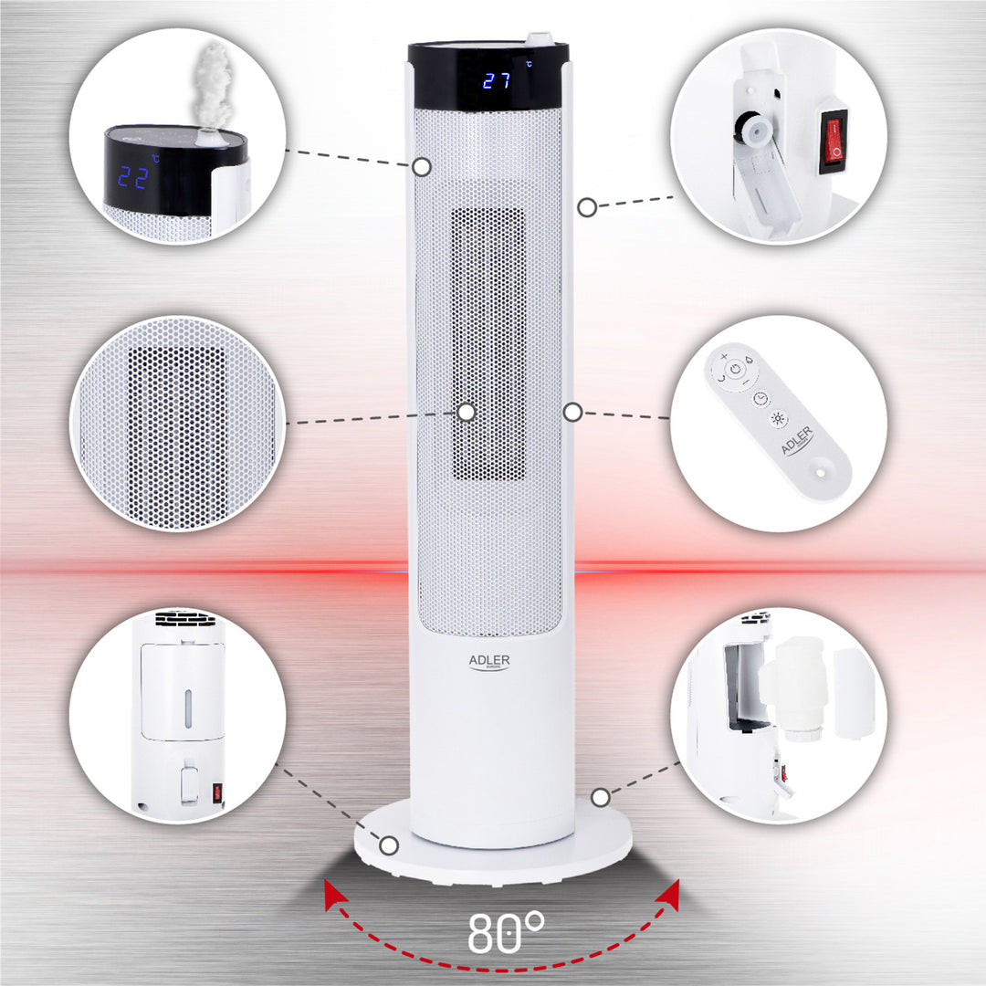 Calorifer cu umidificator Adler AD7730 2200 W, Display, LED, Telecomanda, Timer programabil, Protectie supraincalzire, Oscilatie la 80 de grade