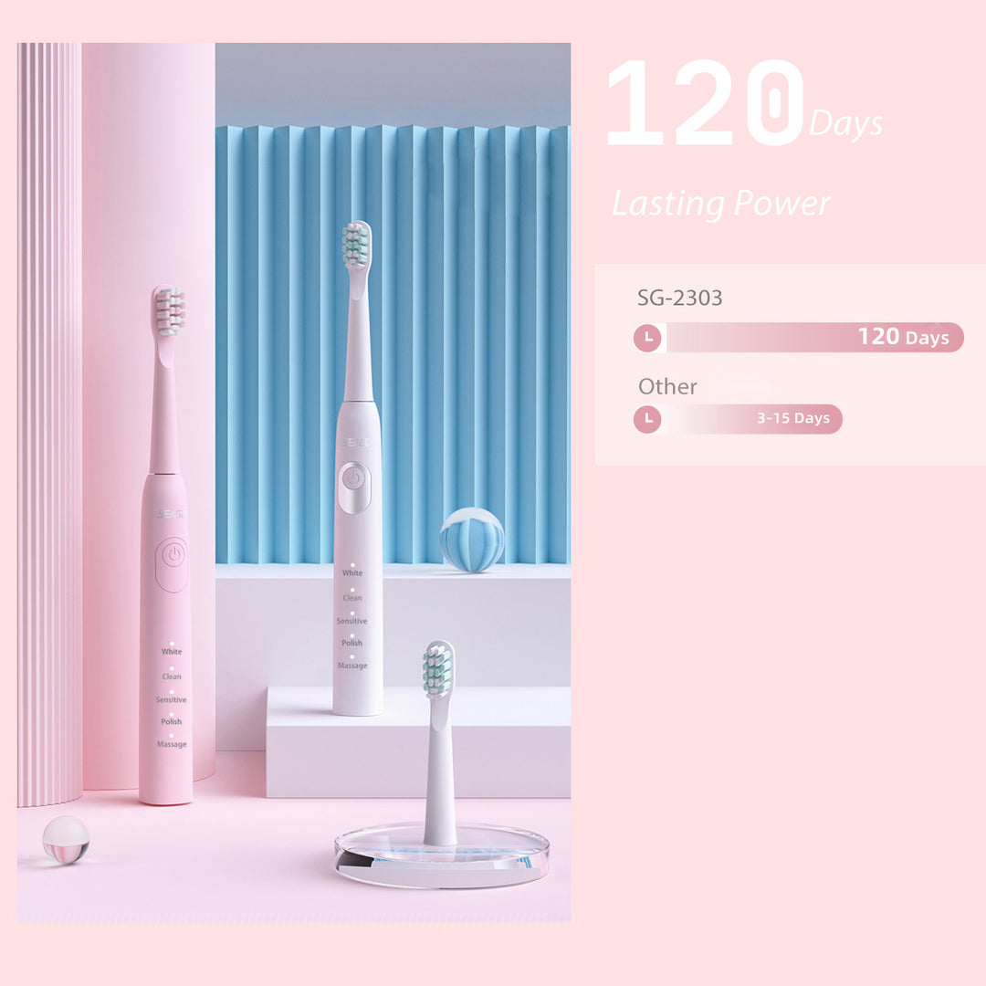 Periuță de dinți sonică SEAGO, roz, baterie de 700 mAh, 5 moduri, 3 vârfuri, SG-2303 Pink