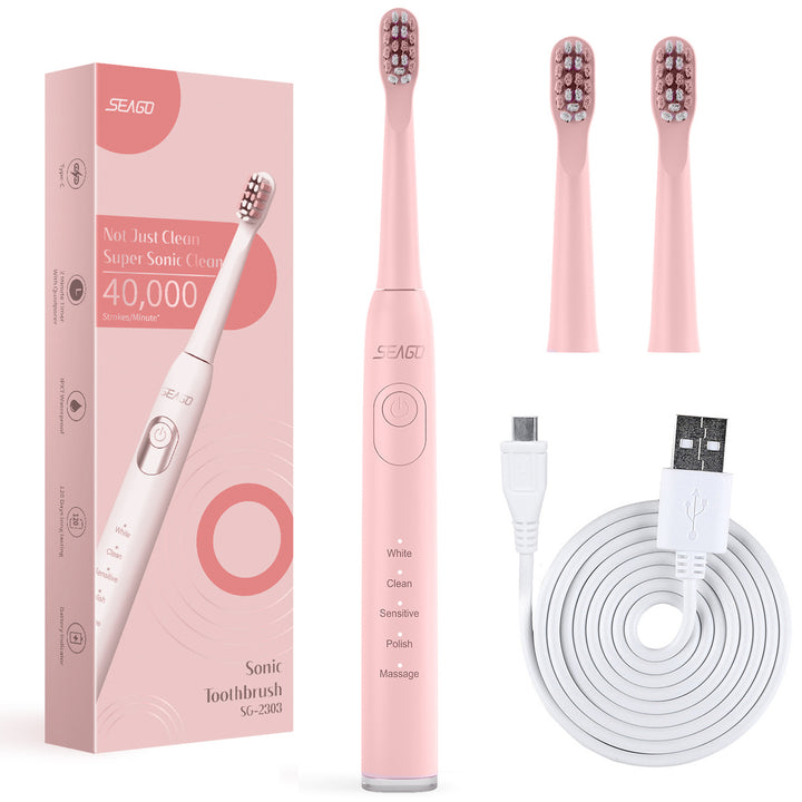 Periuță de dinți sonică SEAGO, roz, baterie de 700 mAh, 5 moduri, 3 vârfuri, SG-2303 Pink