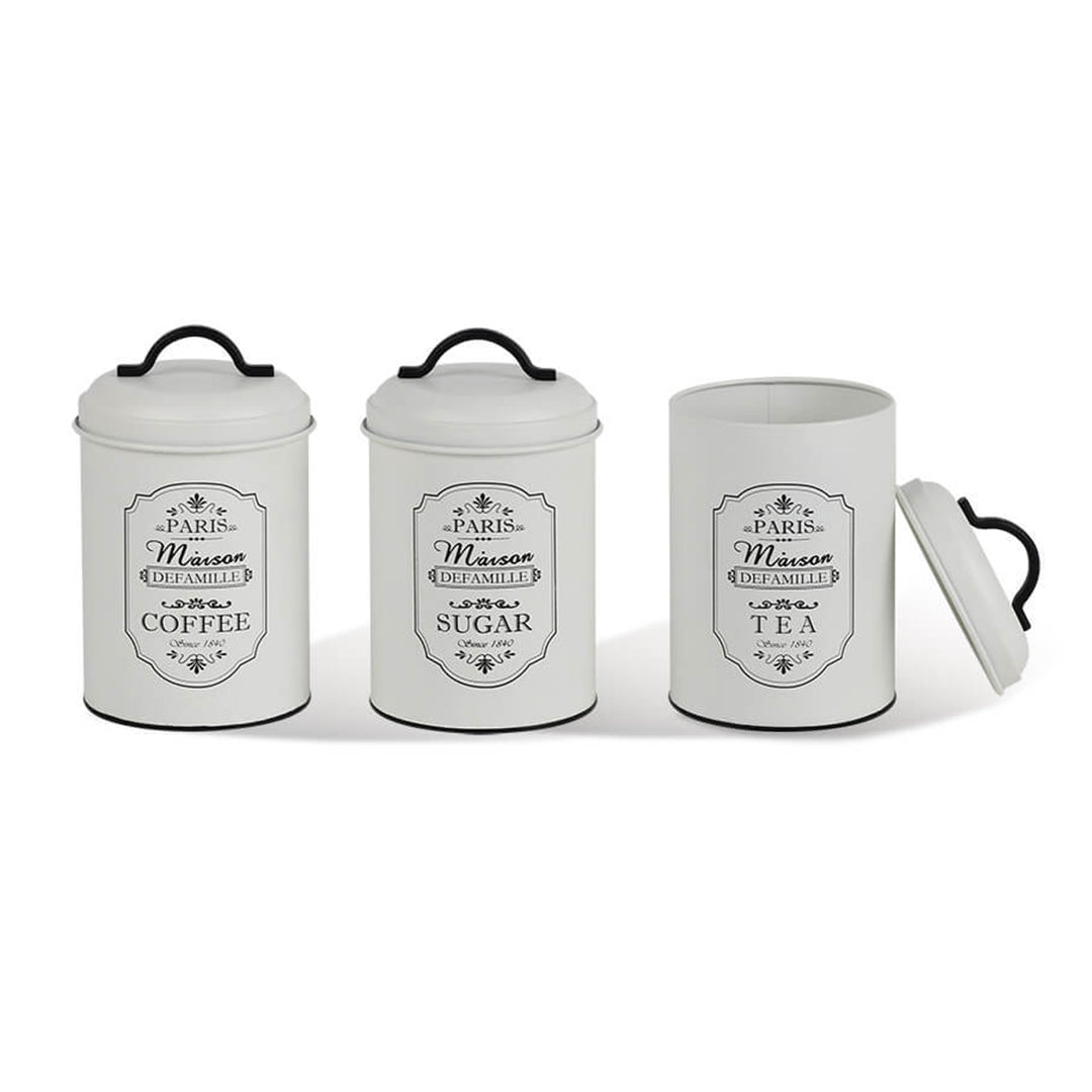 Set de 3 recipiente din metal pentru ceai, zahar si cafea, 18,5cm, alb negru