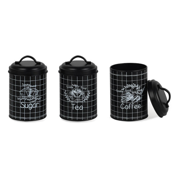 Set de 3 recipiente de depozitare pentru ceai, zahar si cafea, MR-1774-3CS, metal, 18,8cm, negru