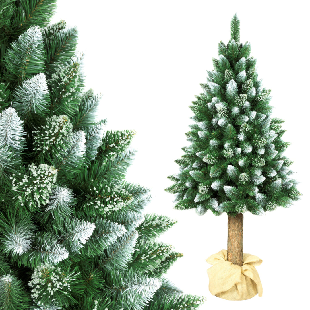 Brad artificial imitatie de pin, 160 cm, trunchi natural, verde-alb