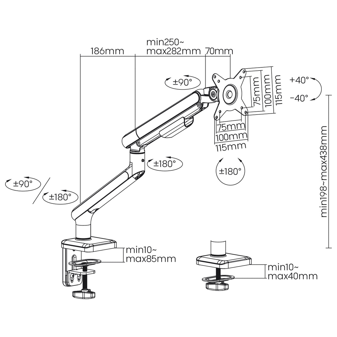 Suport monitor universal ErgoOffice ER-751, cu arc pe gaz, reglabil, 17-32", 9 kg, gri