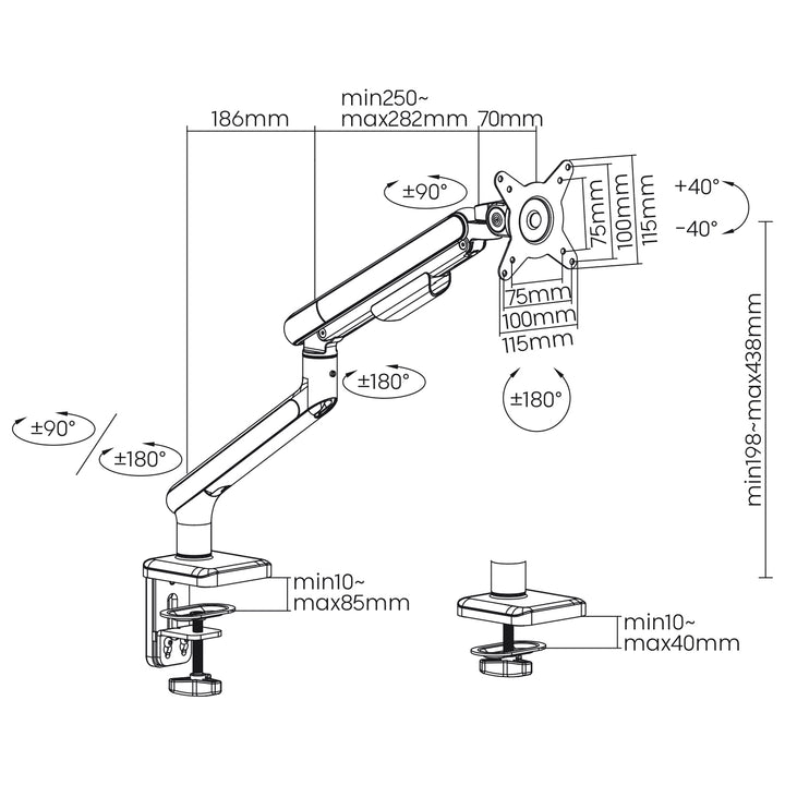 Suport monitor universal ErgoOffice ER-751, cu arc pe gaz, reglabil, 17-32", 9 kg, gri