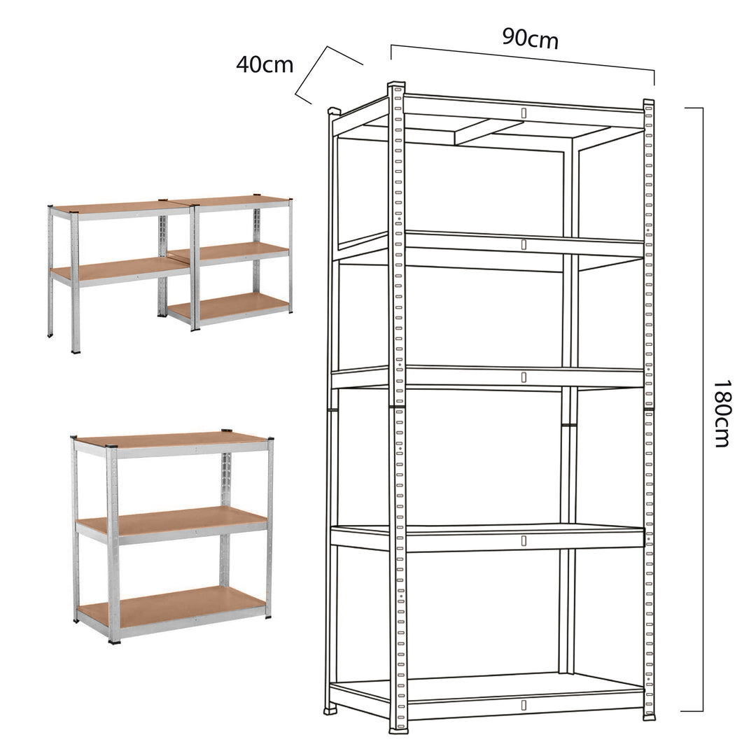 Raft metalic depozitare, cu 5 polite MDF, 175kg per polita, 180 x 90 x 40cm, otel galvanizat, pliabil