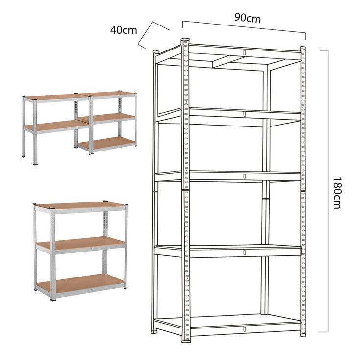 Raft metalic depozitare, cu 5 polite MDF, 175kg per polita, 180 x 90 x 40cm, otel galvanizat, pliabil