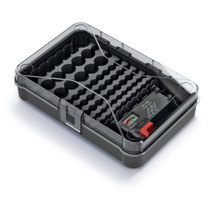 Organizator pentru baterii, cu tester, Prosperplast KBBT, 29.5 x 19.5 x 7 cm, negru