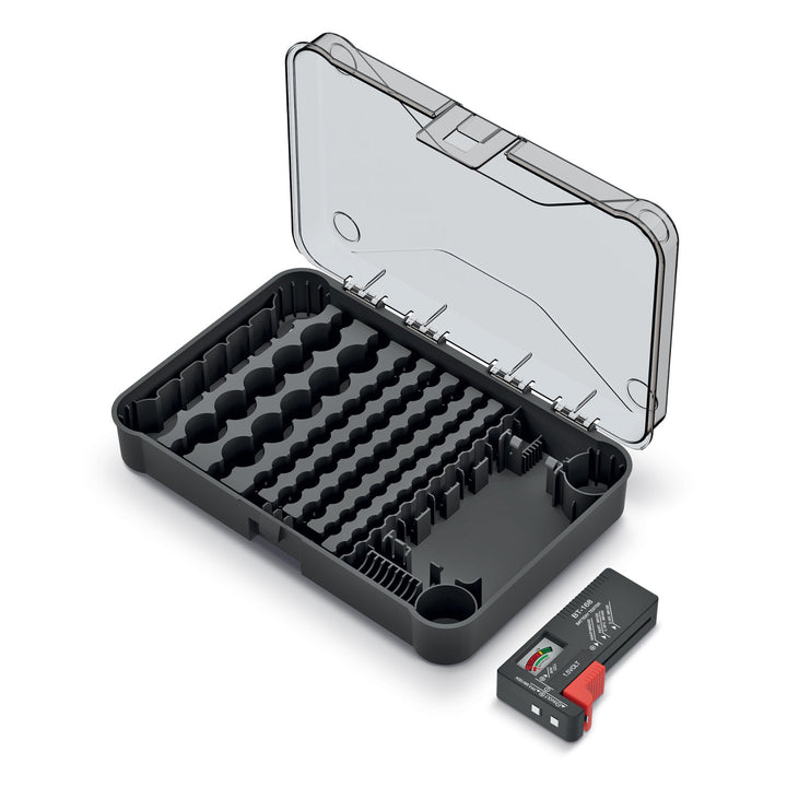 Organizator pentru baterii, cu tester, Prosperplast KBBT, 29.5 x 19.5 x 7 cm, negru