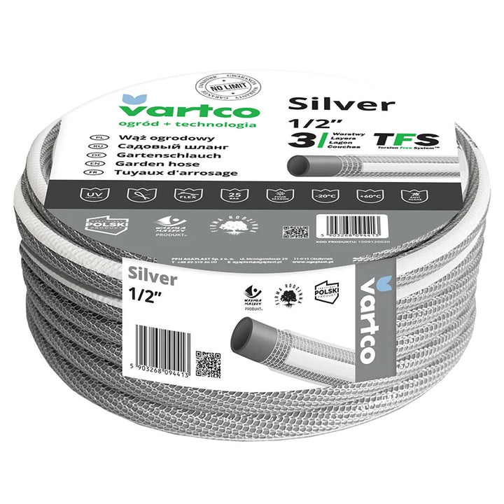 Furtun de grădină Vartco Silver TFS, 3 straturi, 1/2", 30m, gri cu dungi albe