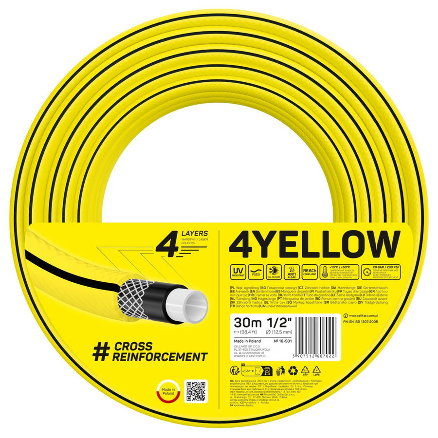 Furtun de grădină Cellfast 4Yellow, 4 straturi, 1/2", 30 m, galben