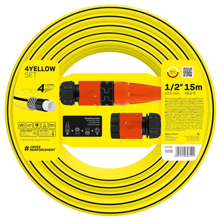 Set furtun pentru gradina 4Yellow, 4 straturi cu armatura, 1/2" 15m, protectie UV, stropitor, conector
