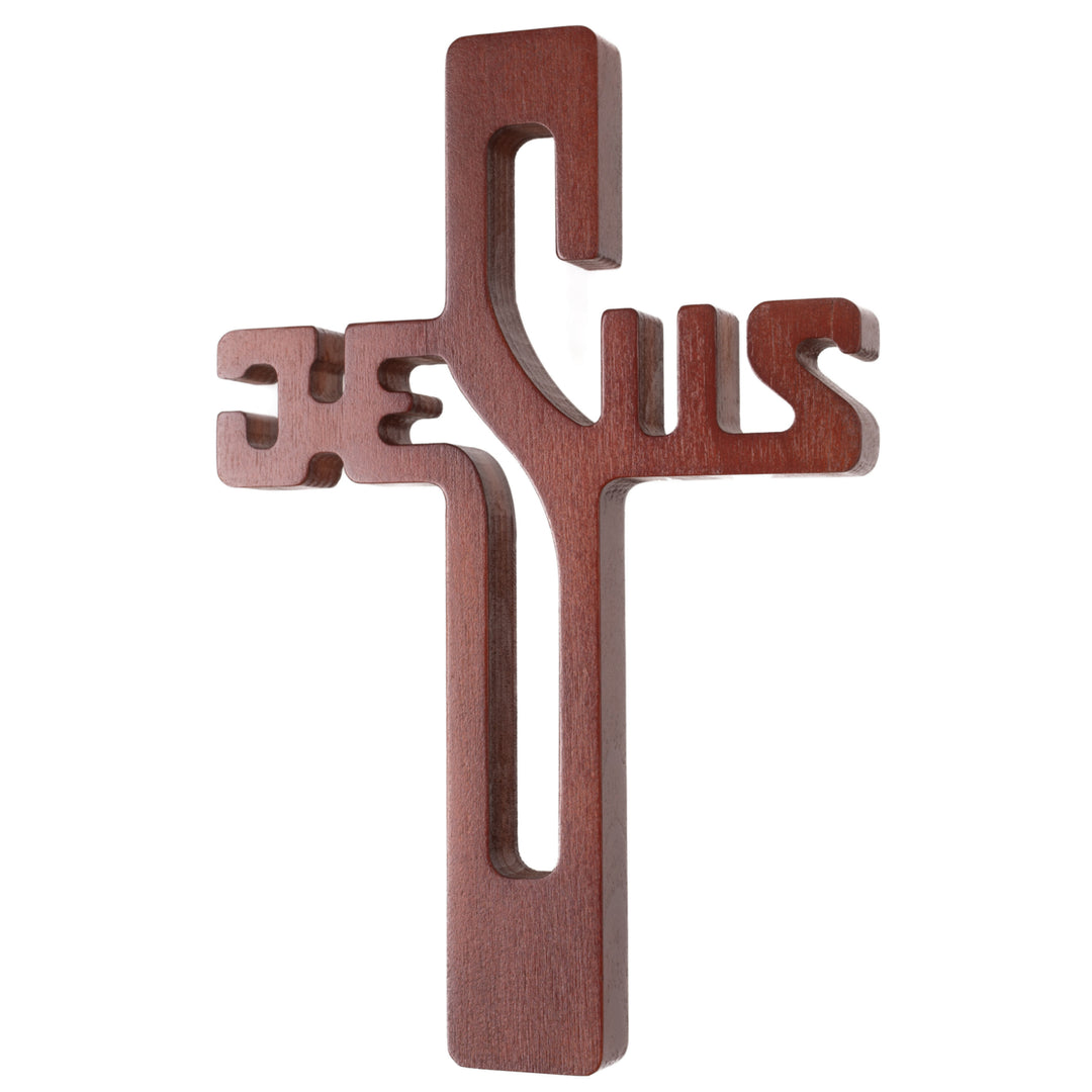 Cruce din lemn natural cu inscriptia Jesus, maro, 22 x 14 x 1.6 cm