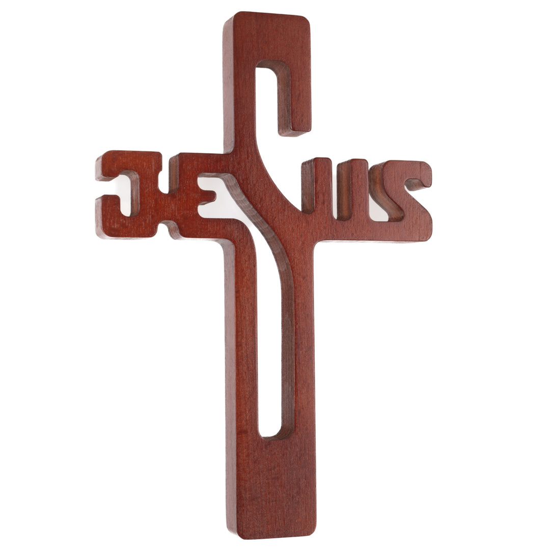 Cruce din lemn natural cu inscriptia Jesus, maro, 22 x 14 x 1.6 cm