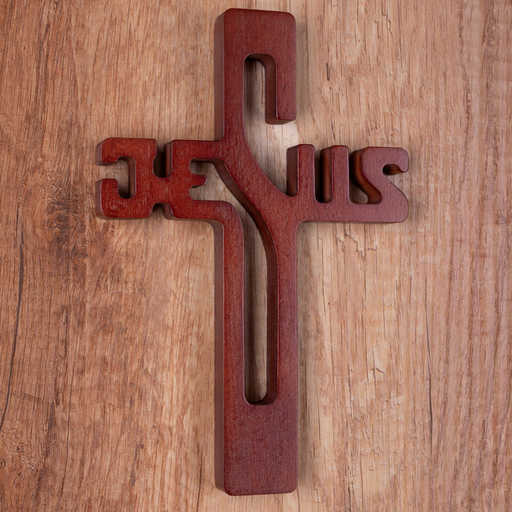 Cruce din lemn natural cu inscriptia Jesus, maro, 22 x 14 x 1.6 cm