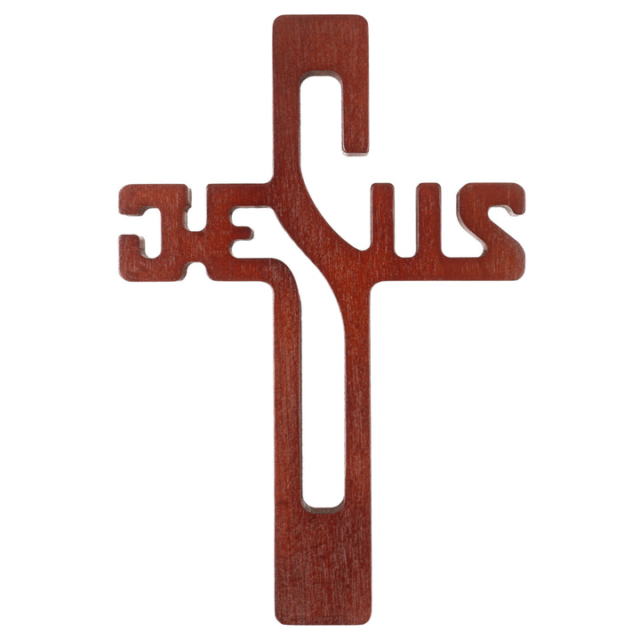 Cruce din lemn natural cu inscriptia Jesus, maro, 22 x 14 x 1.6 cm