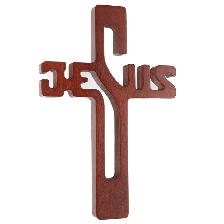 Cruce din lemn natural cu inscriptia Jesus, maro, 30 x 20 x 1.8 cm