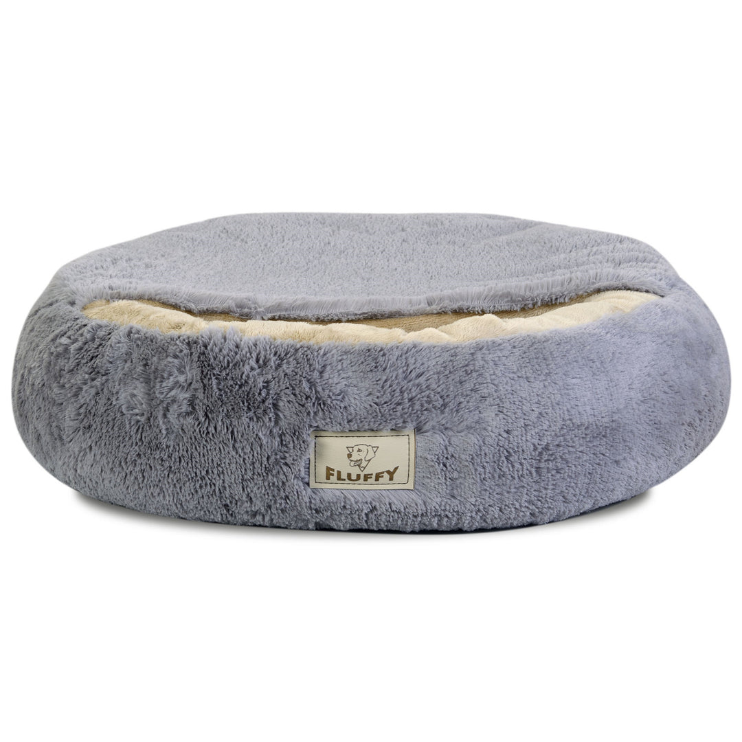 Pat pentru caini Shaggy Fluffy, cu acoperis, gri deschis, diametru 70 cm