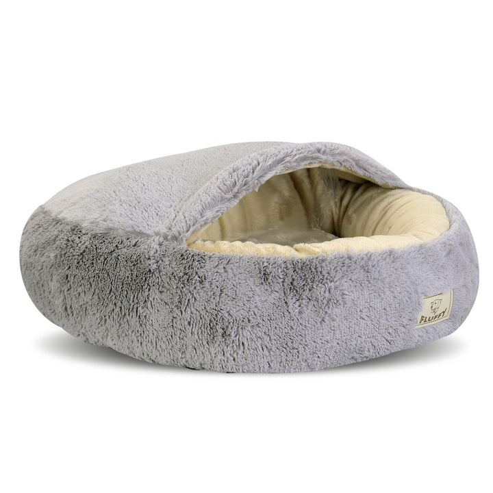 Pat pentru caini Shaggy Fluffy, cu acoperis, gri deschis, diametru 70 cm