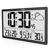 Ceas digital de perete cu senzor de exterior, ceas DCF, 37x22,5 cm Ceas mare de perete, alarmă cu funcție de amânare, afișaj LCD, temperatură interioară și exterioară, prognoză meteo