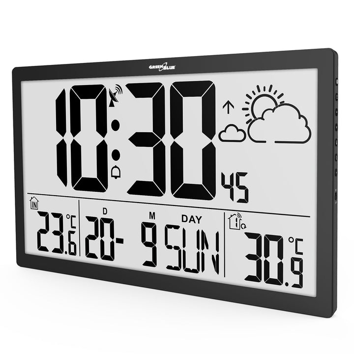 Ceas digital de perete cu senzor de exterior, ceas DCF, 37x22,5 cm Ceas mare de perete, alarmă cu funcție de amânare, afișaj LCD, temperatură interioară și exterioară, prognoză meteo