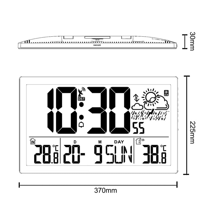 Ceas digital de perete cu senzor de exterior, ceas DCF, 37x22,5 cm Ceas mare de perete, alarmă cu funcție de amânare, afișaj LCD, temperatură interioară și exterioară, prognoză meteo