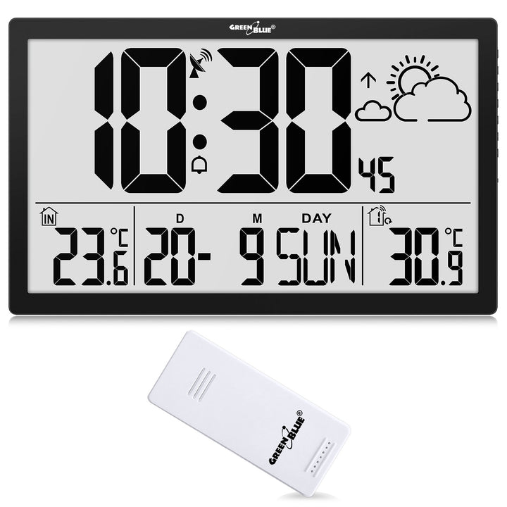 Ceas digital de perete cu senzor de exterior, ceas DCF, 37x22,5 cm Ceas mare de perete, alarmă cu funcție de amânare, afișaj LCD, temperatură interioară și exterioară, prognoză meteo