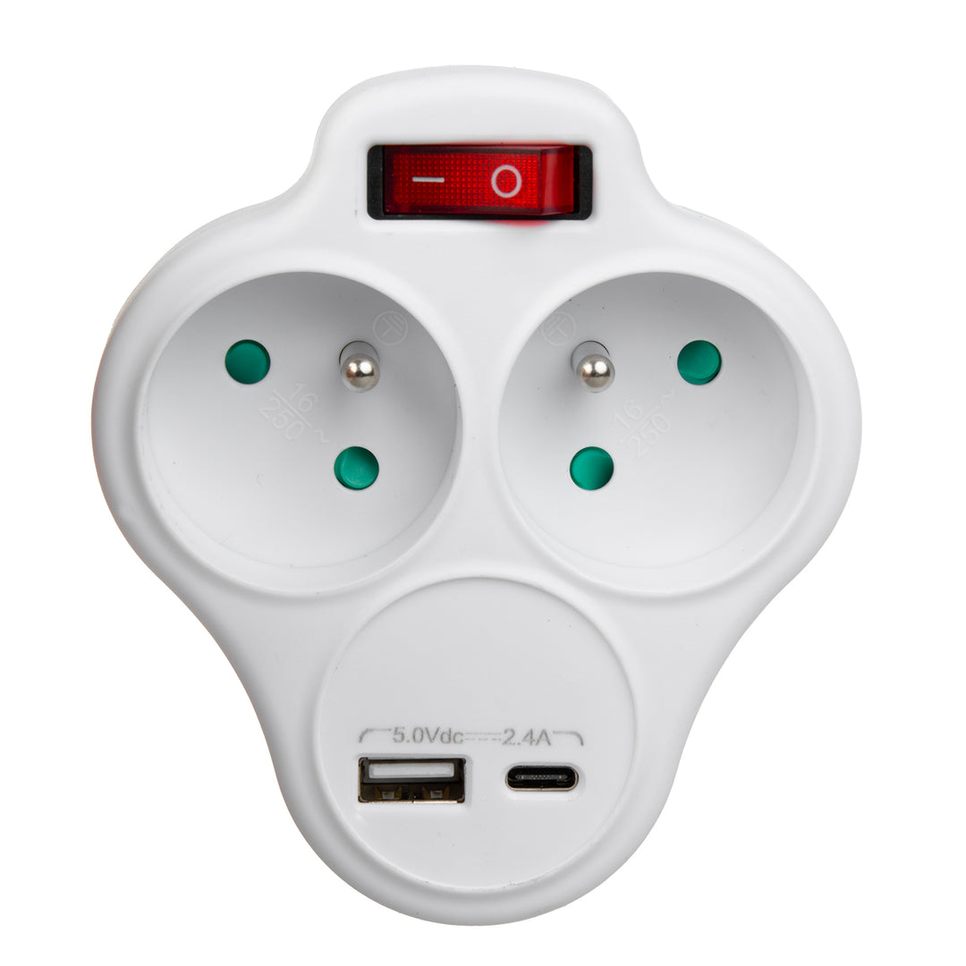 Priză de curent Maclean, splitter cu 2 prize și USB A/C 2,4A, tip E, 2x16A, MCE336 E