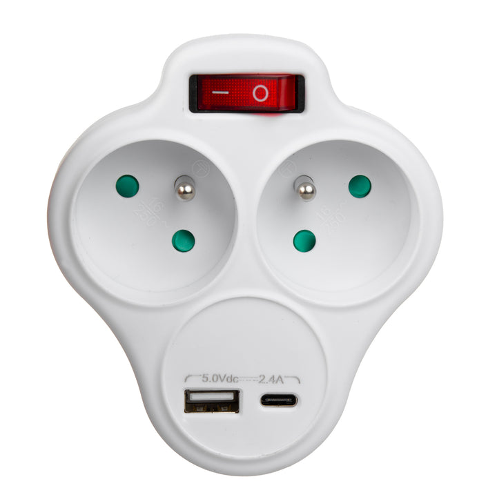 Priză de curent Maclean, splitter cu 2 prize și USB A/C 2,4A, tip E, 2x16A, MCE336 E
