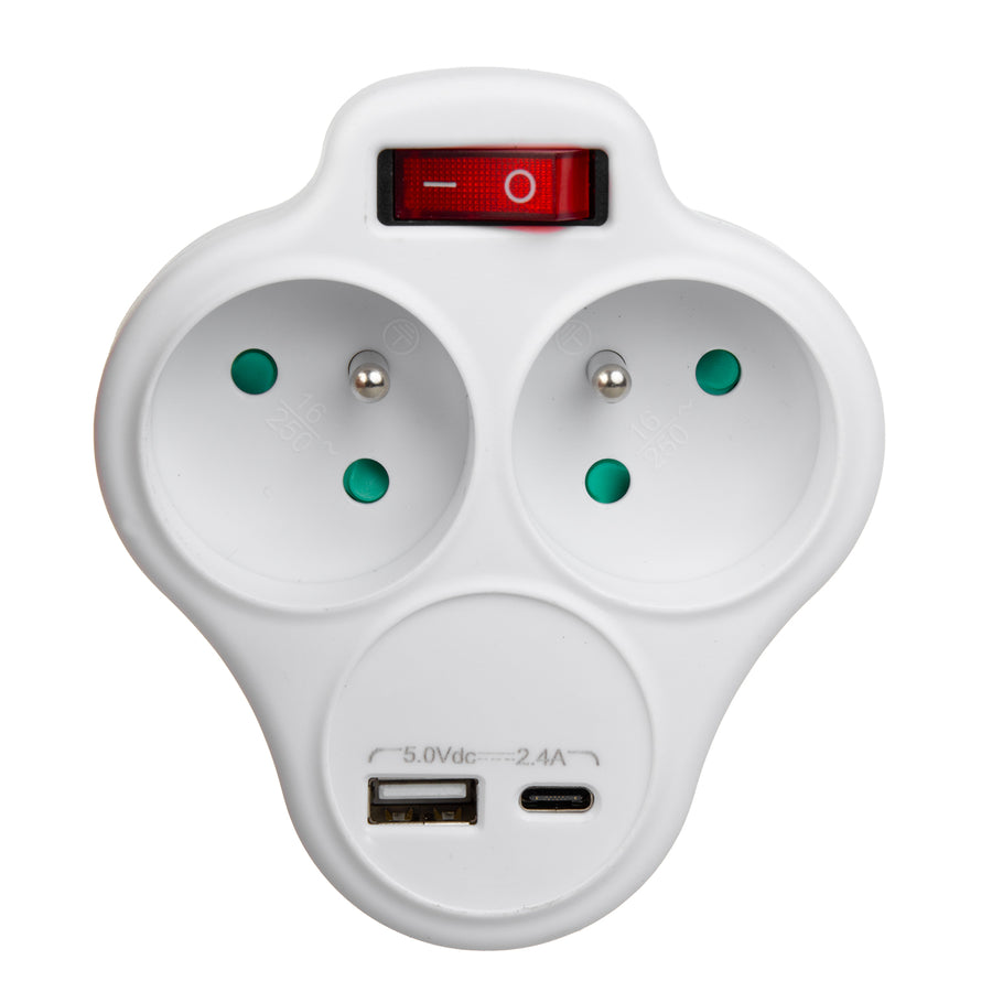 Priză electrică Maclean, prelungitor cu 2 prize și USB A/C 2,4 A, tip E, 2x16 A, MCE336 E