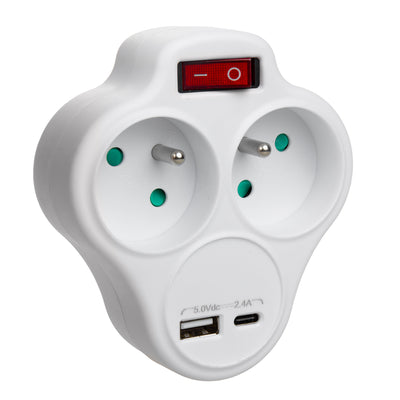 Priză electrică Maclean, prelungitor cu 2 prize și USB A/C 2,4 A, tip E, 2x16 A, MCE336 E
