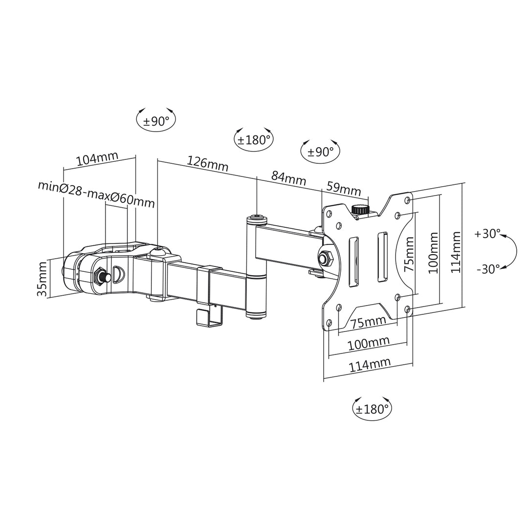 Suport de stâlp pentru ecrane cu braț cu articulație dublă, suport pentru monitoare de 17-32' până la 8 kg, diametrul stâlpului/tubului de la 28 la 60 mm, braț pentru monitoare