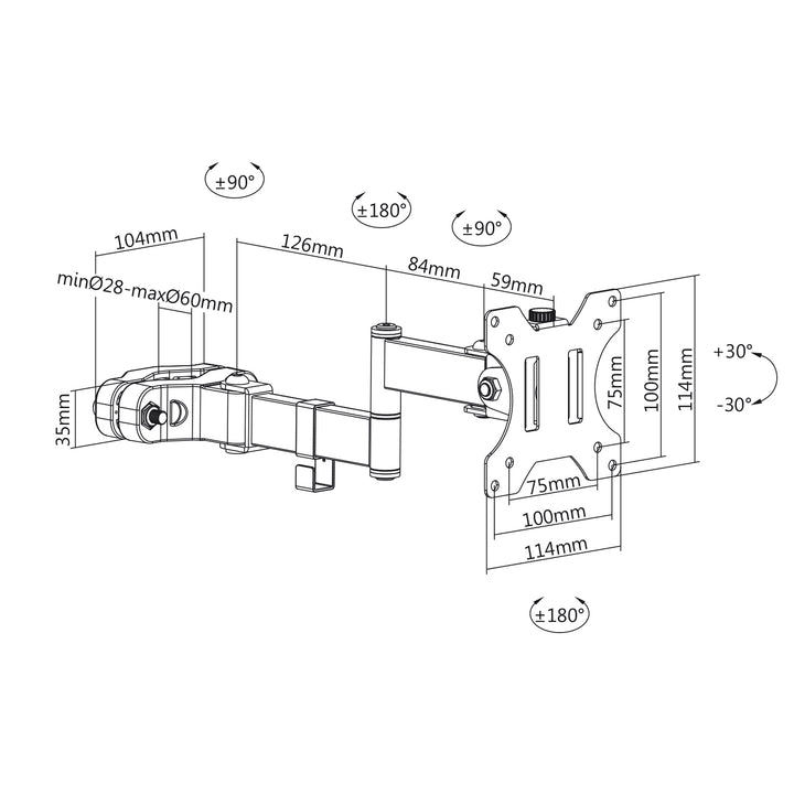 Suport de stâlp pentru ecrane cu braț cu articulație dublă, suport pentru monitoare de 17-32' până la 8 kg, diametrul stâlpului/tubului de la 28 la 60 mm, braț pentru monitoare