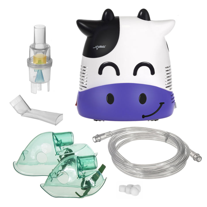 Set patut turistic copii, PR-803G, gri, roti, husa de protectie si inhalator in forma de vaca