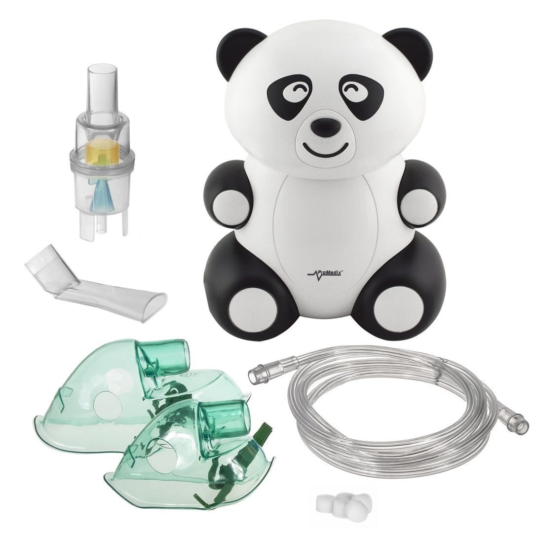 Set patut turistic copii, PR-803G, gri, roti, husa de protectie si inhalator in forma de panda