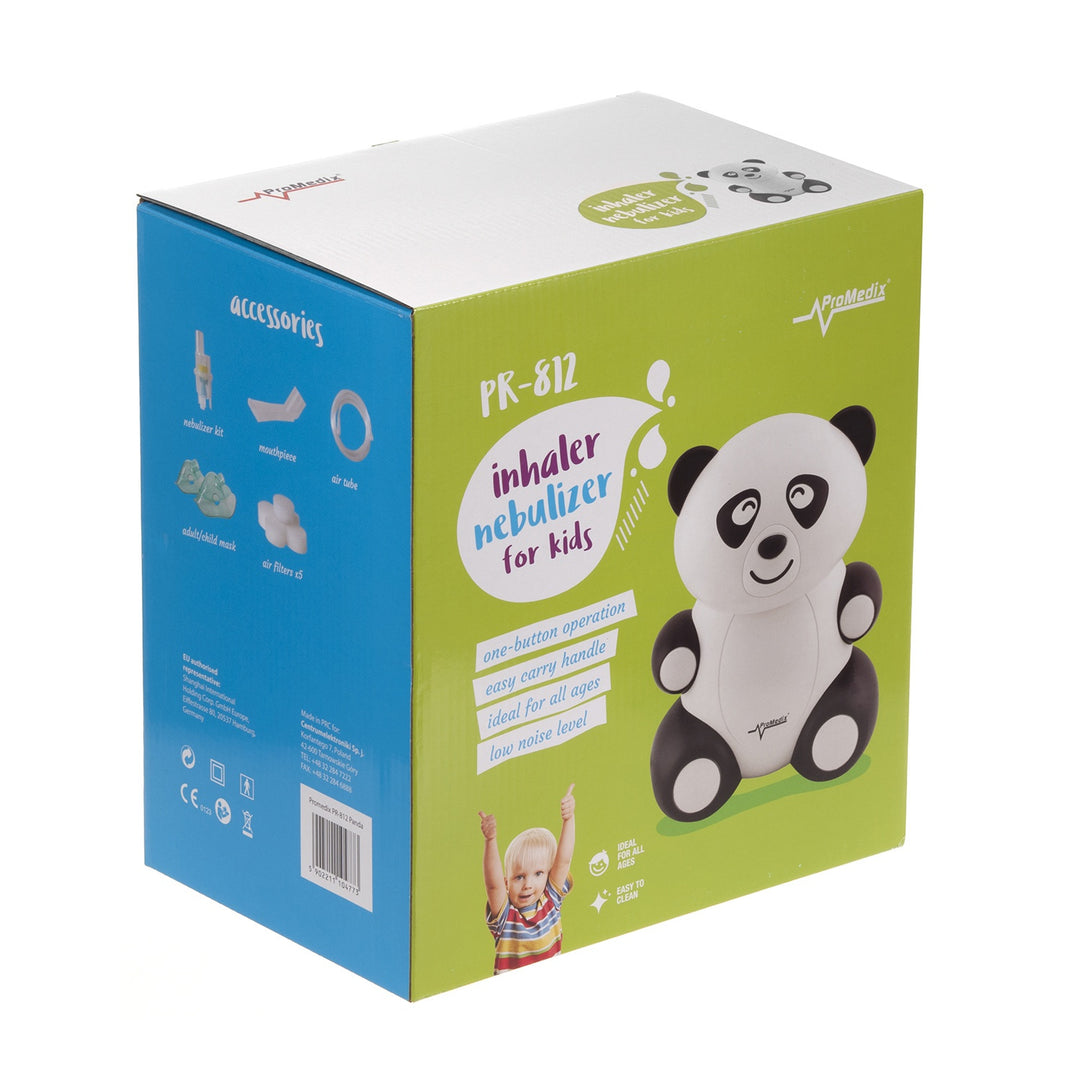 Set patut turistic copii, PR-803G, gri, roti, husa de protectie si inhalator in forma de panda