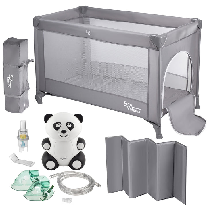 Set patut turistic copii, PR-803G, gri, roti, husa de protectie si inhalator in forma de panda