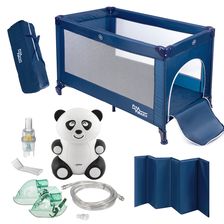 Set patut turistic copii, PR-803B, albastru, roti, husa de protectie si inhalator in forma de panda