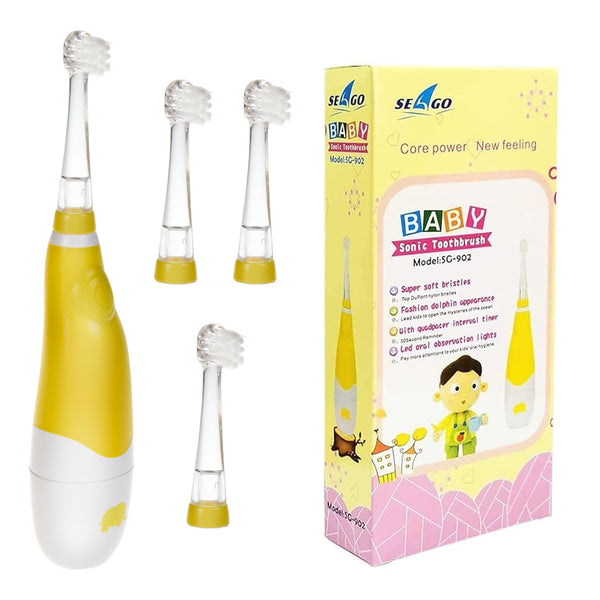 Periuță de dinți sonică pentru copii SEAGO, galbenă, 1xAA 1.5V (nu este inclusă), 4 vârfuri, SG-902 Yellow