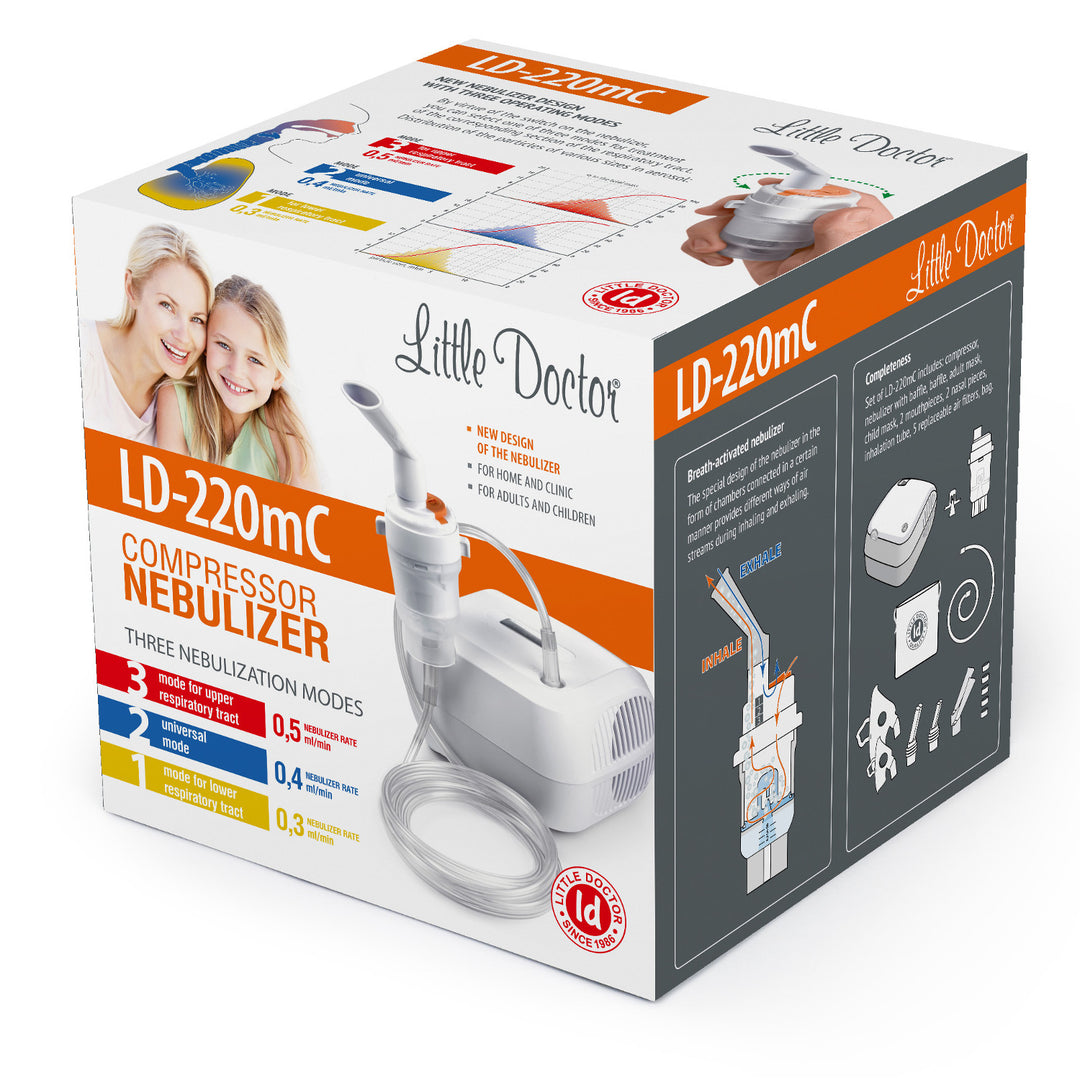 Little Doctor LD-220mC inhalator, inhalator electric, nebulizator cu piesa de gură și mască pentru adulți și copii, trei moduri de funcționare